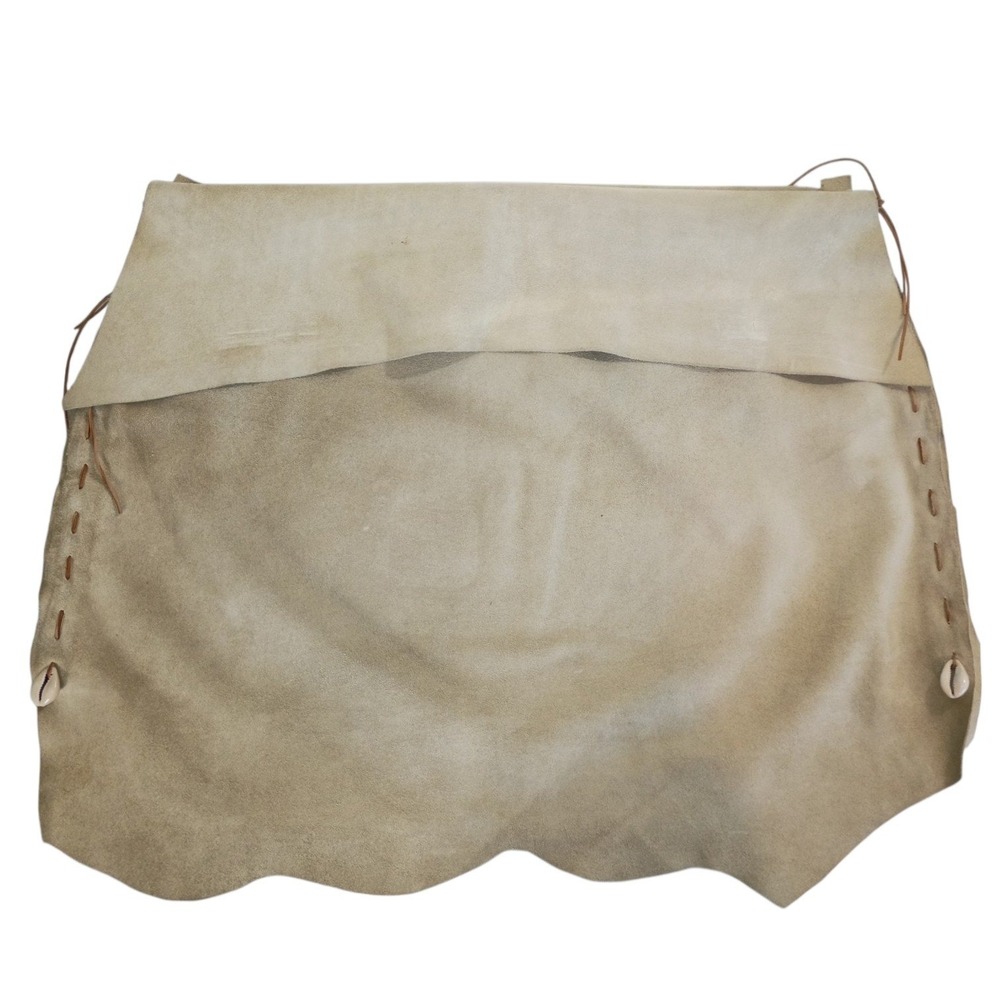 Handmade Suede Leather Wrap Skirt Cowrie Shell Whipstitch Scalloped Tan Boho - Picture 4 of 11